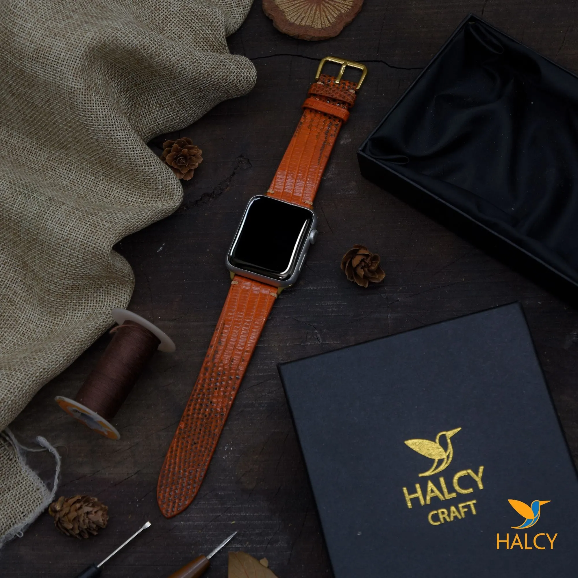 Handmade Lizard Skin Watch Band Fit for Apple watch Series 8, 7, 6, 5, 4, 3 : Choice of adapters and buckle color