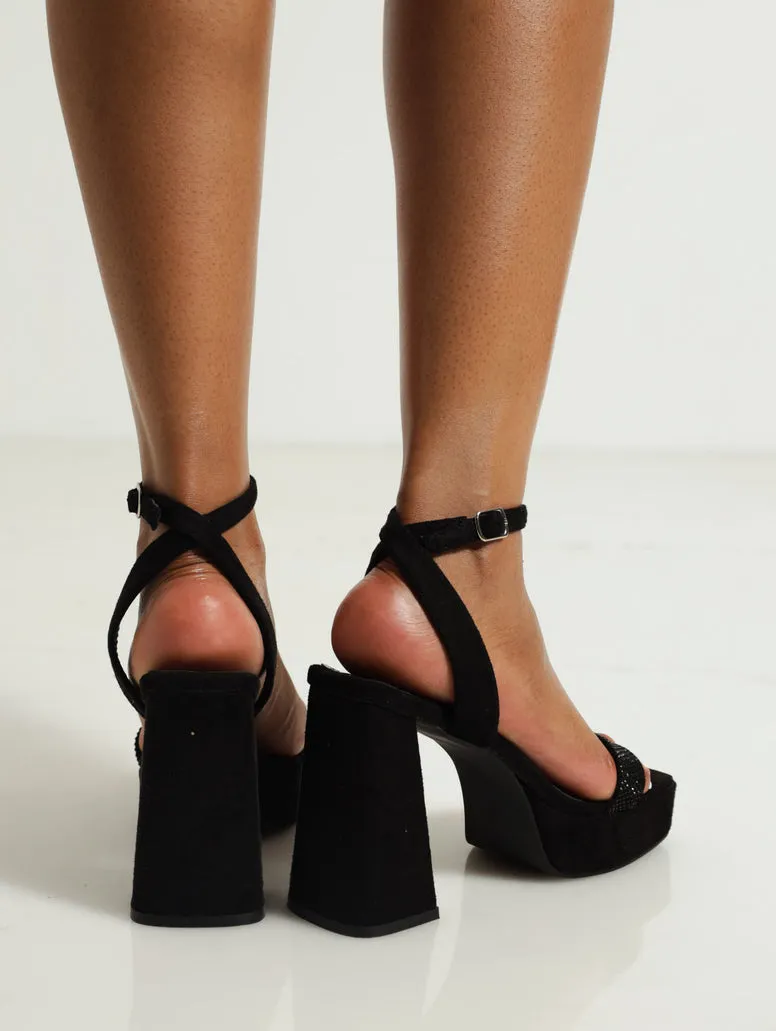 Hi Block Platform With Diamante Covered Strap - Black