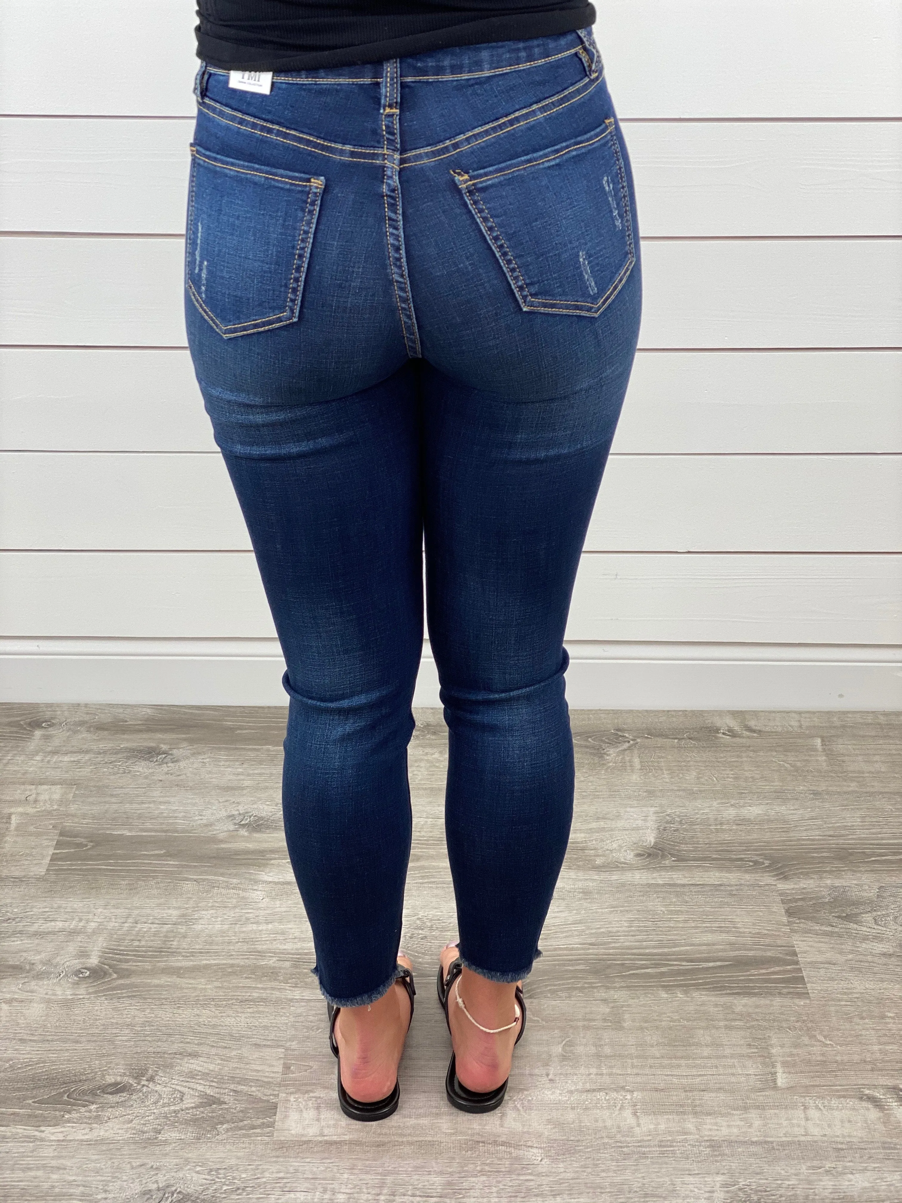 High Rise Skinny Ankle Destructed Hem Jeans - Dark Wash - Restocked!!
