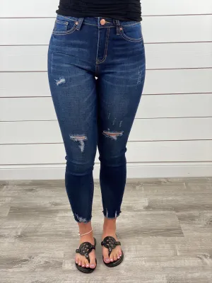 High Rise Skinny Ankle Destructed Hem Jeans - Dark Wash - Restocked!!