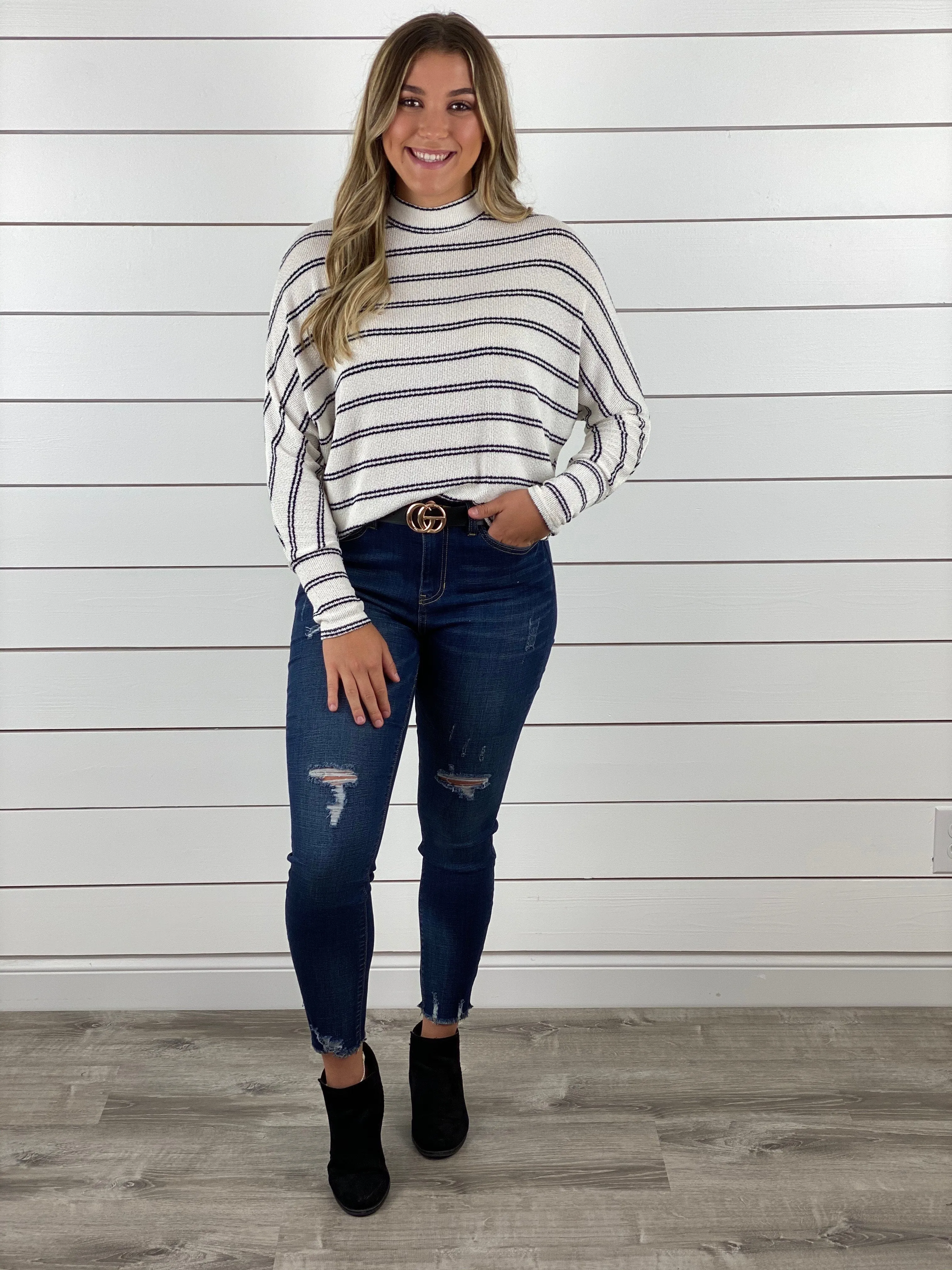 High Rise Skinny Ankle Destructed Hem Jeans - Dark Wash - Restocked!!