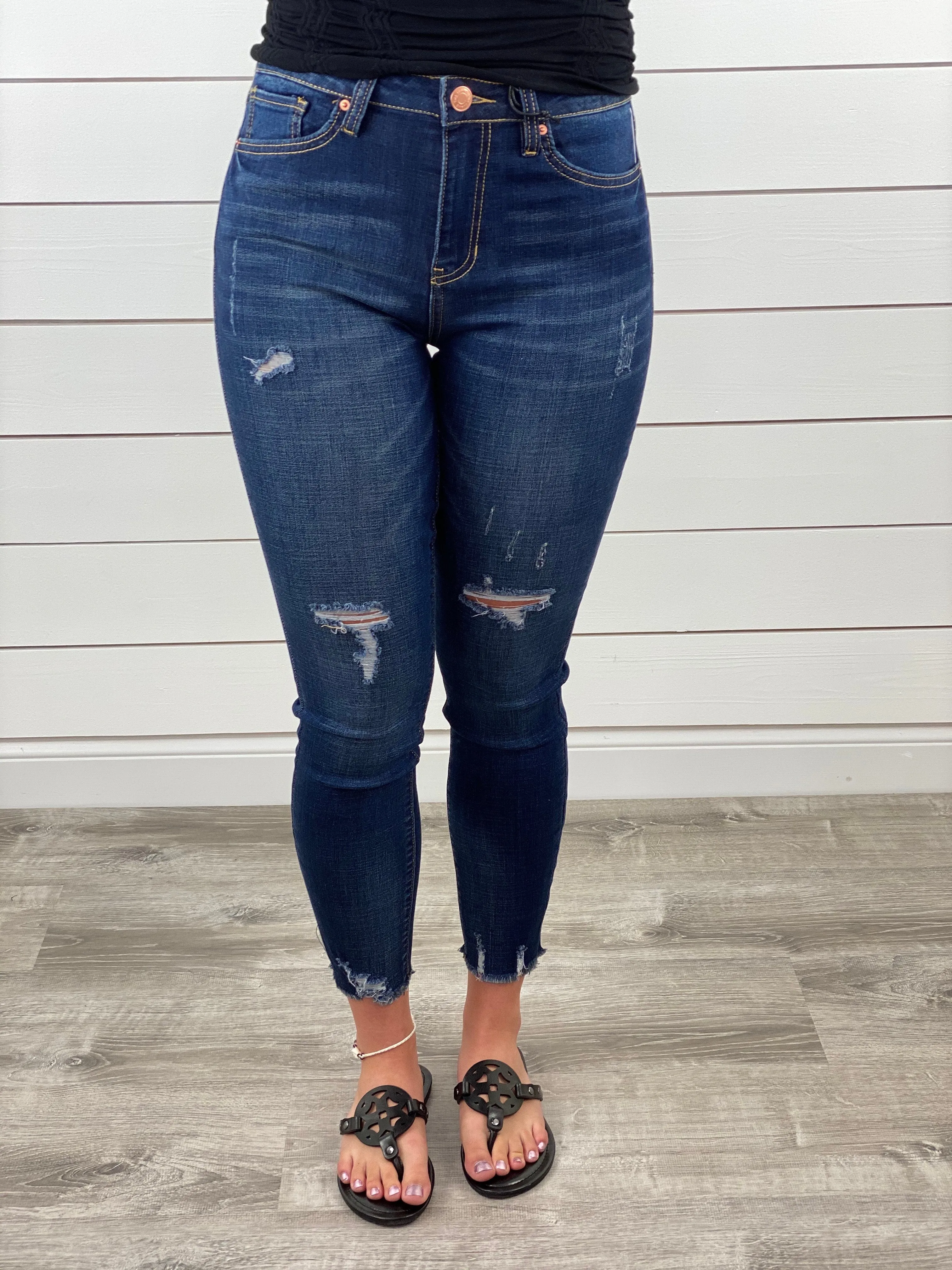 High Rise Skinny Ankle Destructed Hem Jeans - Dark Wash - Restocked!!
