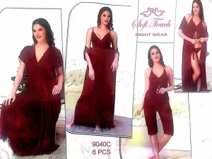 Honeymoon And Wedding Maroon Nighty Sets  - 6 Pcs Set - 9040C