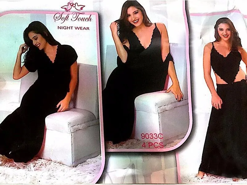 Hot Black Bridal Nighty Set - 4 Pcs Set 9033C