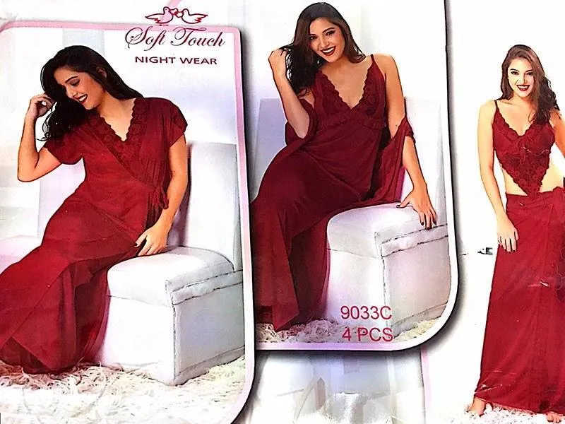 Hot Red Bridal Nighty Set - 4 Pcs Set 9033C