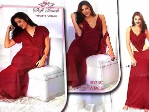 Hot Red Bridal Nighty Set - 4 Pcs Set 9033C