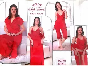 Hot Red Bridal Nighty Sets  - 6 Pcs Set - 9037B