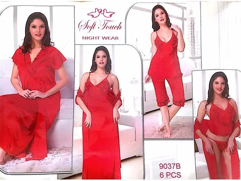 Hot Red Bridal Nighty Sets  - 6 Pcs Set - 9037B