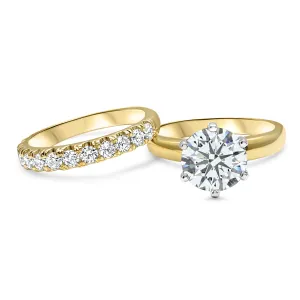 IGI Certified Diamond Bridal Wedding Set | 1, 2, or 3 Carat Round Engagement Ring and Wedding Band | 14k Yellow Gold