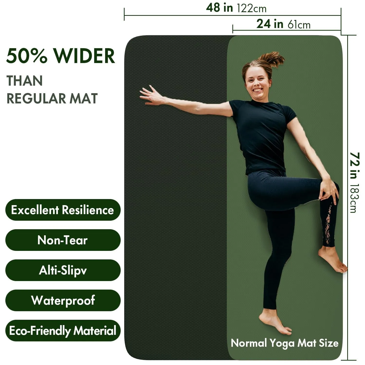 Intersky Extra Wide Yoga Mat, 6' x 4' x 6mm ,Dark Green, Non-Slip, Thick TPE Workout Mat