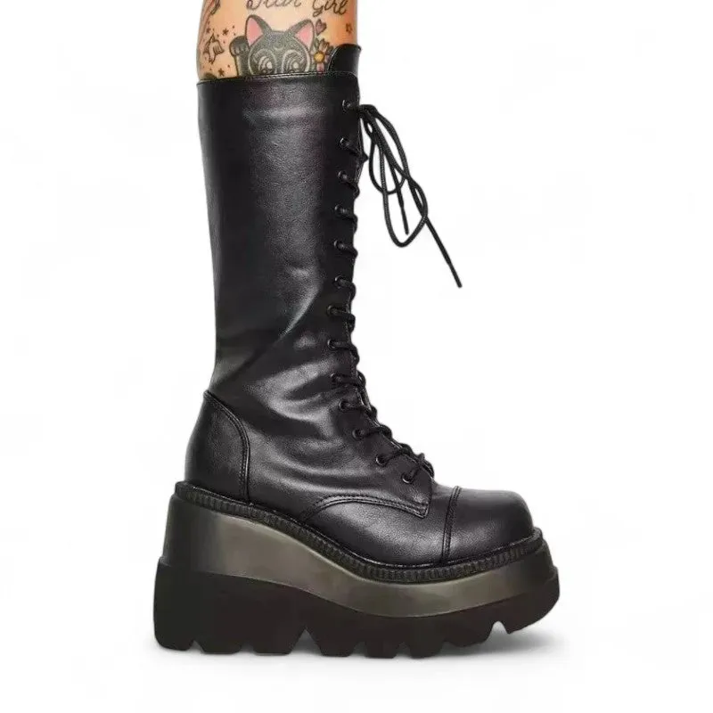 Jalal Winter Rain Military Wedge Leather in Black Boots
