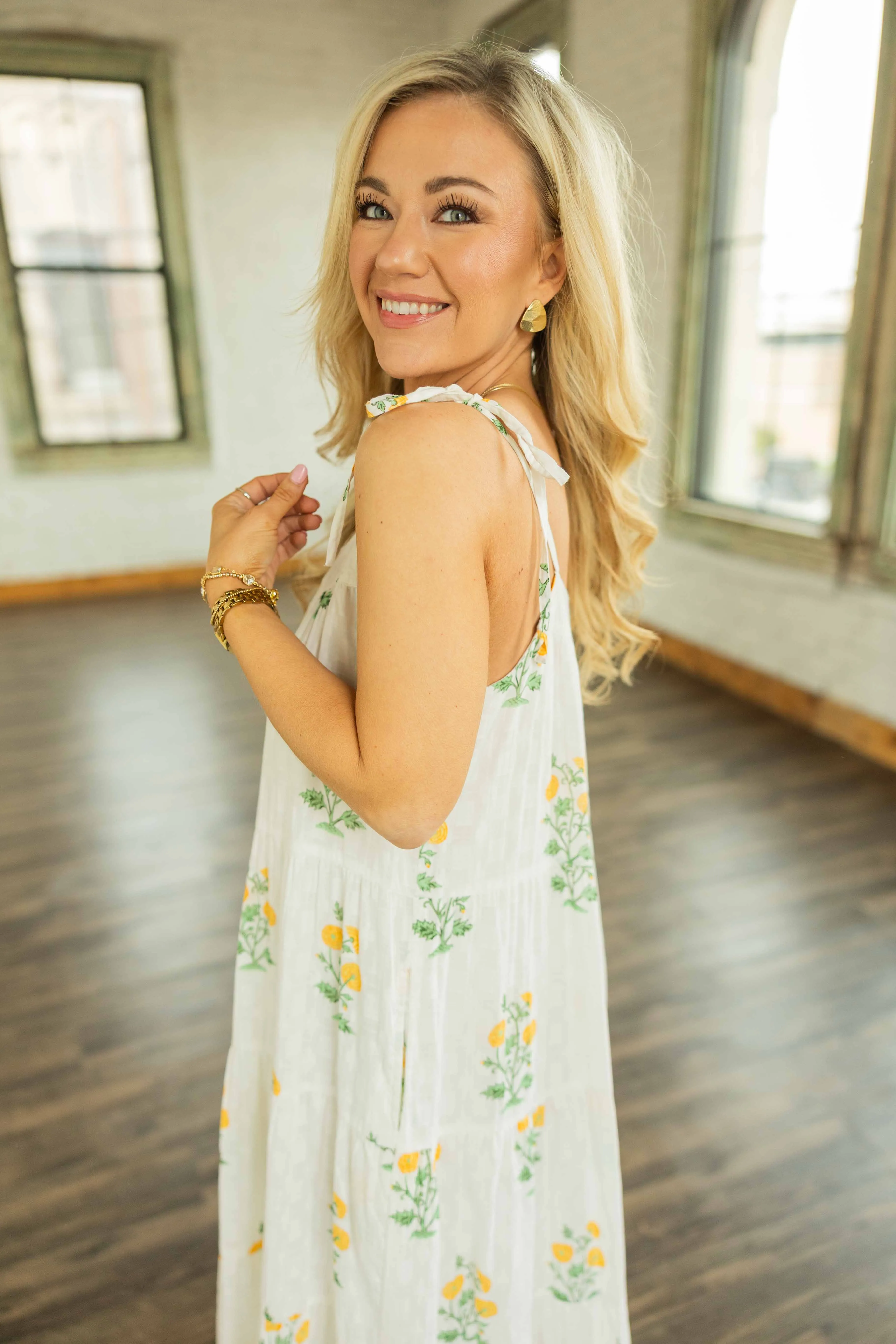 JUST DANDY FLORAL BOW TIE STRAPS MAXI DRESS