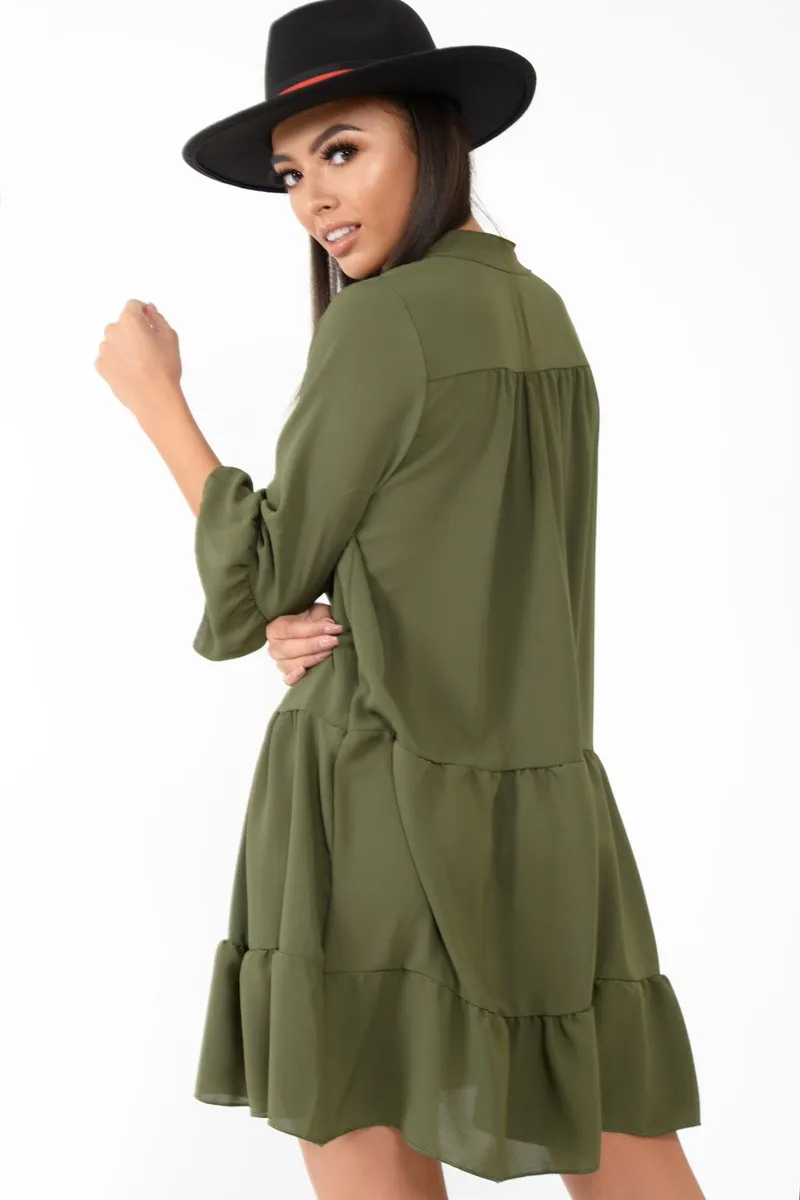 Khaki Tiered Ruffle Shift Dress - Abri