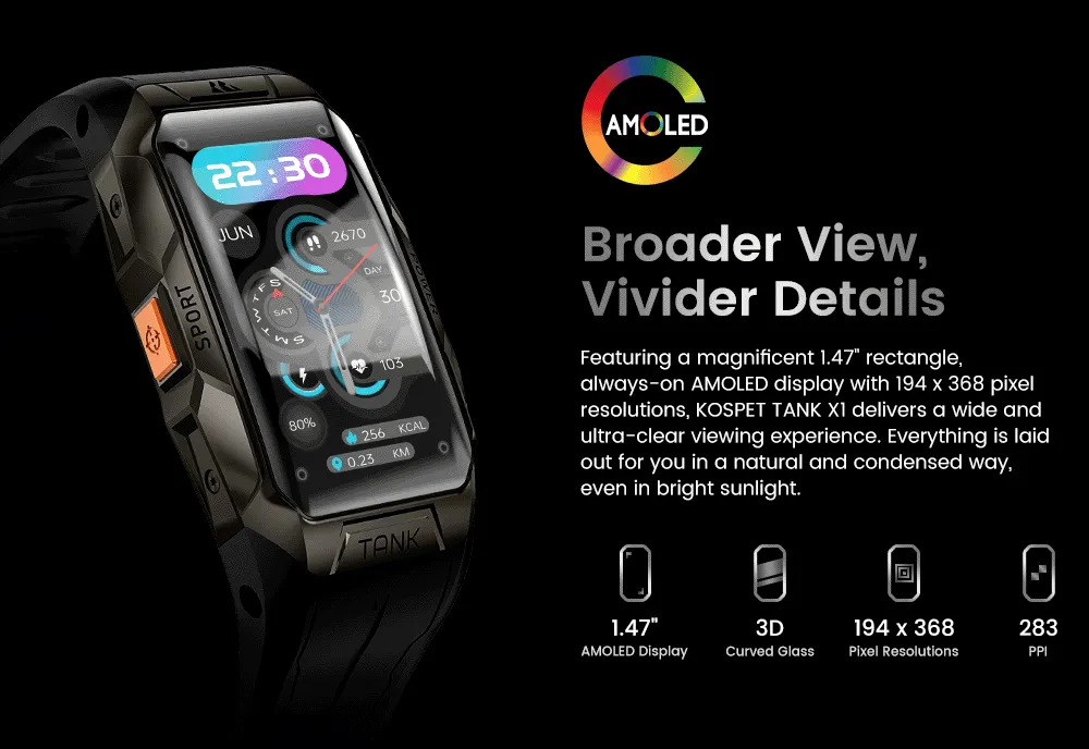 KOSPET Tank X1 1.47" Curved AMOLED Smart Watch