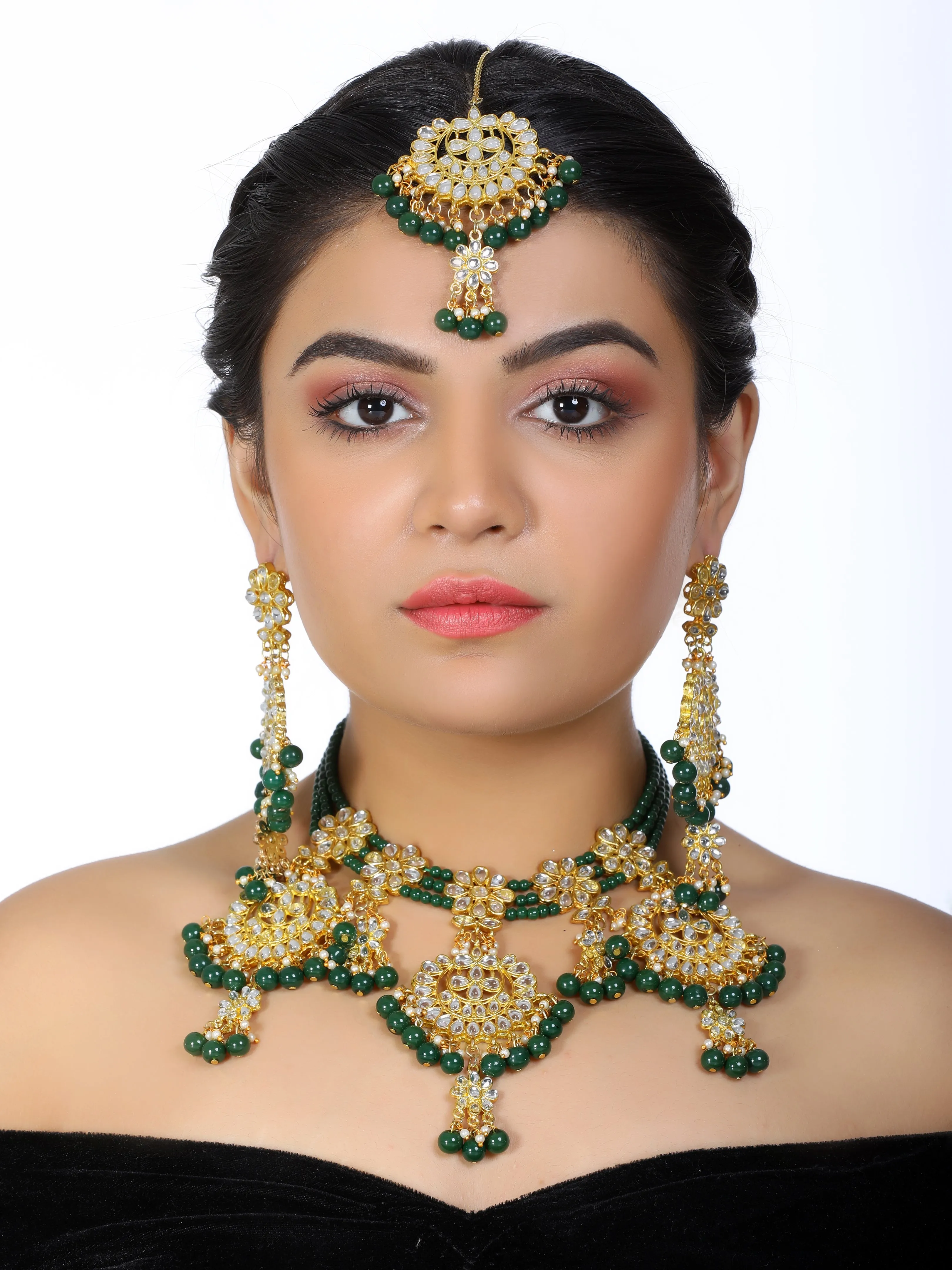 Kundan Green Beads Bridal Necklace Set