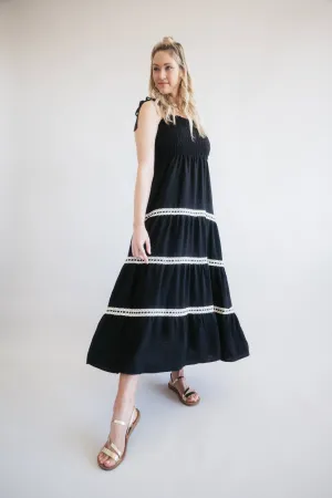 Lace Trim Tiered Smocked Bodice Maxi Dress for Women in Black | MAD2703-BLK
