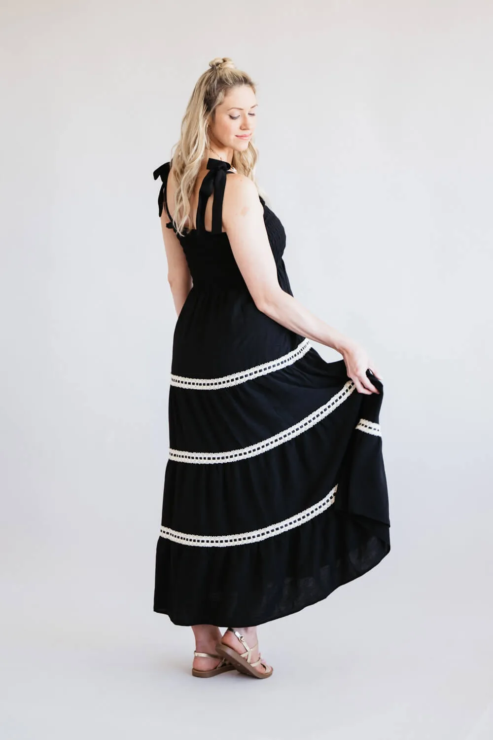 Lace Trim Tiered Smocked Bodice Maxi Dress for Women in Black | MAD2703-BLK
