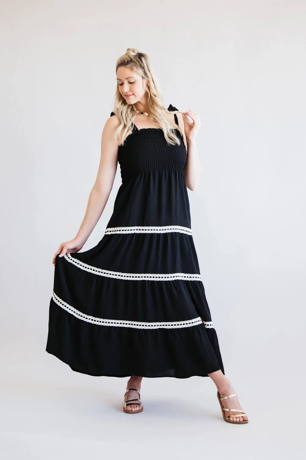 Lace Trim Tiered Smocked Bodice Maxi Dress for Women in Black | MAD2703-BLK