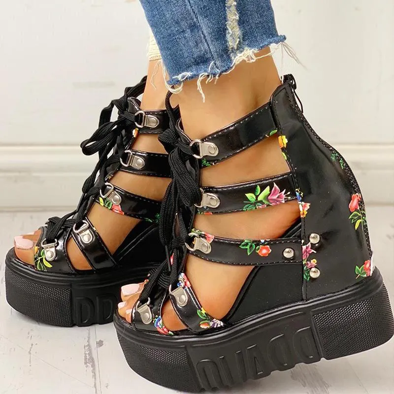 Lace-Up Cut Out Wedge Sandals