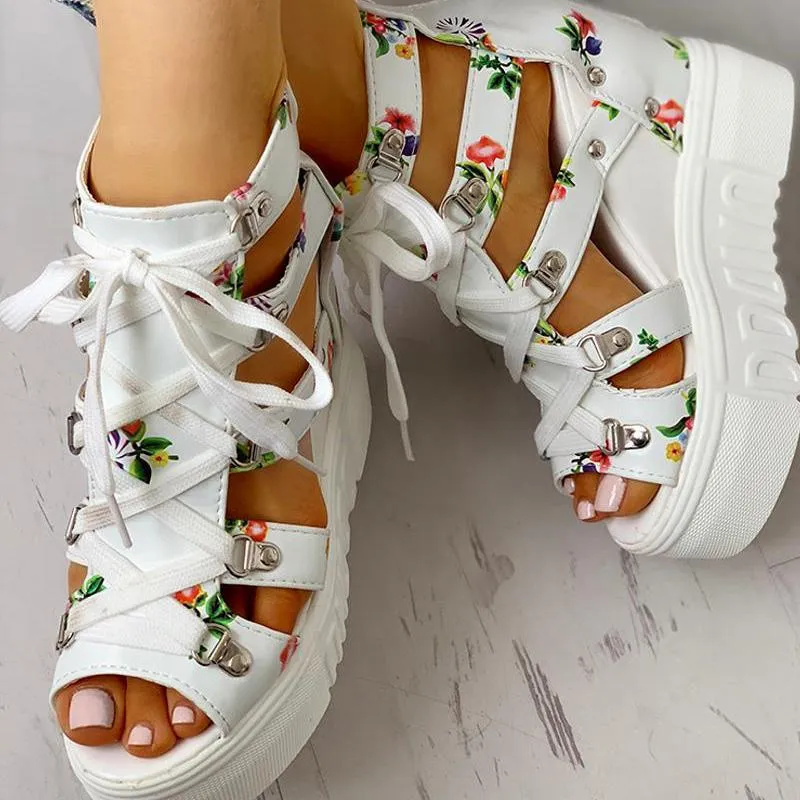 Lace-Up Cut Out Wedge Sandals