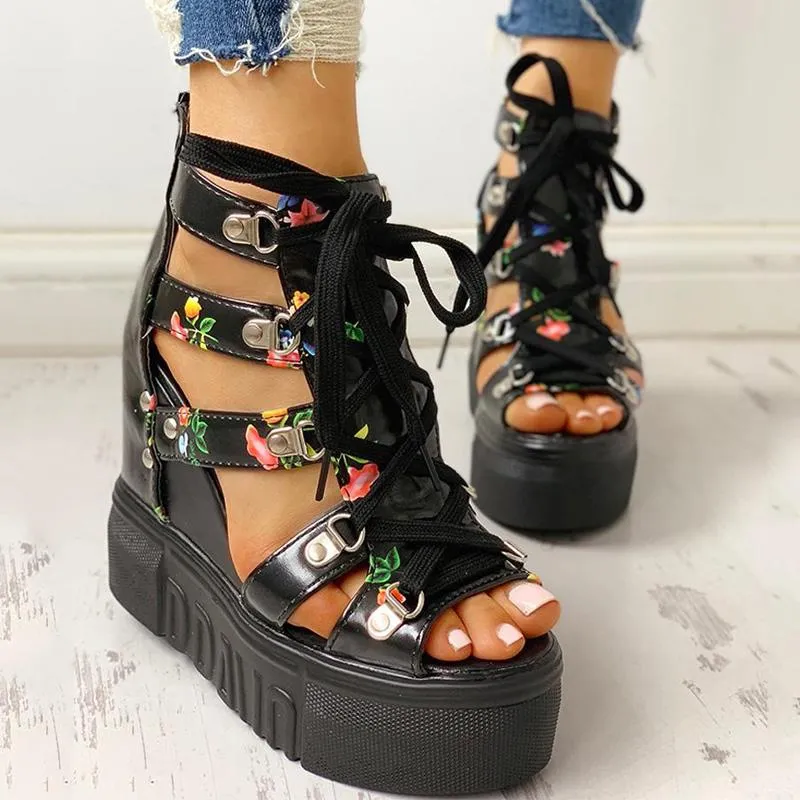 Lace-Up Cut Out Wedge Sandals