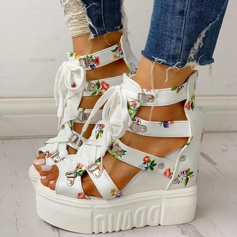 Lace-Up Cut Out Wedge Sandals