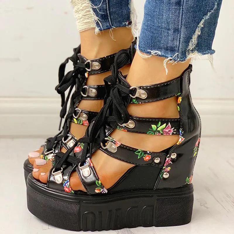 Lace-Up Cut Out Wedge Sandals