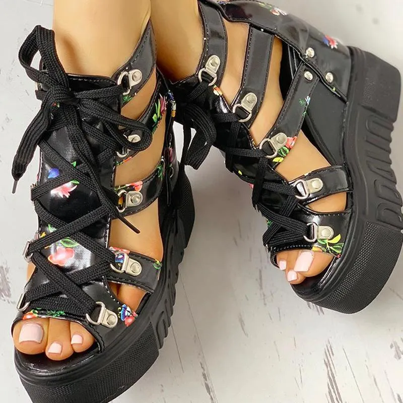 Lace-Up Cut Out Wedge Sandals