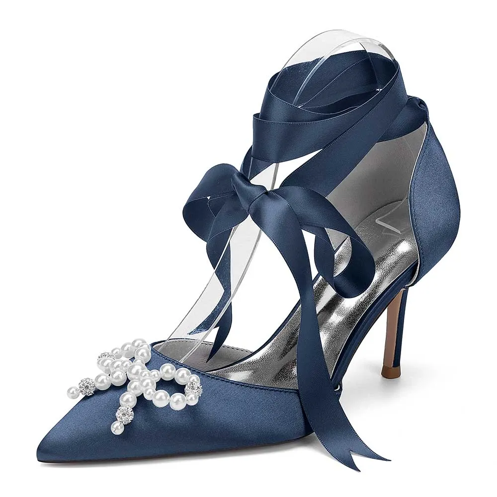 Lace-Up Satin Wedding Shoes Hand-Made Pearl Bow Bridal Pump Prom Heels