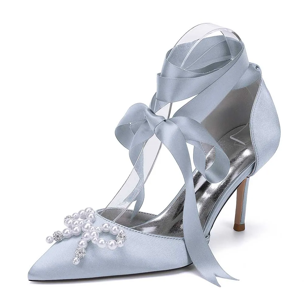 Lace-Up Satin Wedding Shoes Hand-Made Pearl Bow Bridal Pump Prom Heels