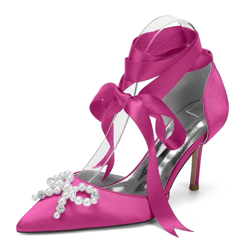 Lace-Up Satin Wedding Shoes Hand-Made Pearl Bow Bridal Pump Prom Heels