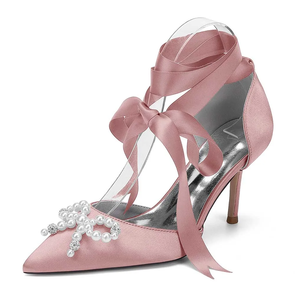 Lace-Up Satin Wedding Shoes Hand-Made Pearl Bow Bridal Pump Prom Heels
