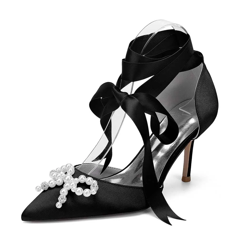 Lace-Up Satin Wedding Shoes Hand-Made Pearl Bow Bridal Pump Prom Heels