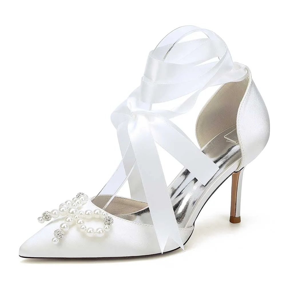 Lace-Up Satin Wedding Shoes Hand-Made Pearl Bow Bridal Pump Prom Heels