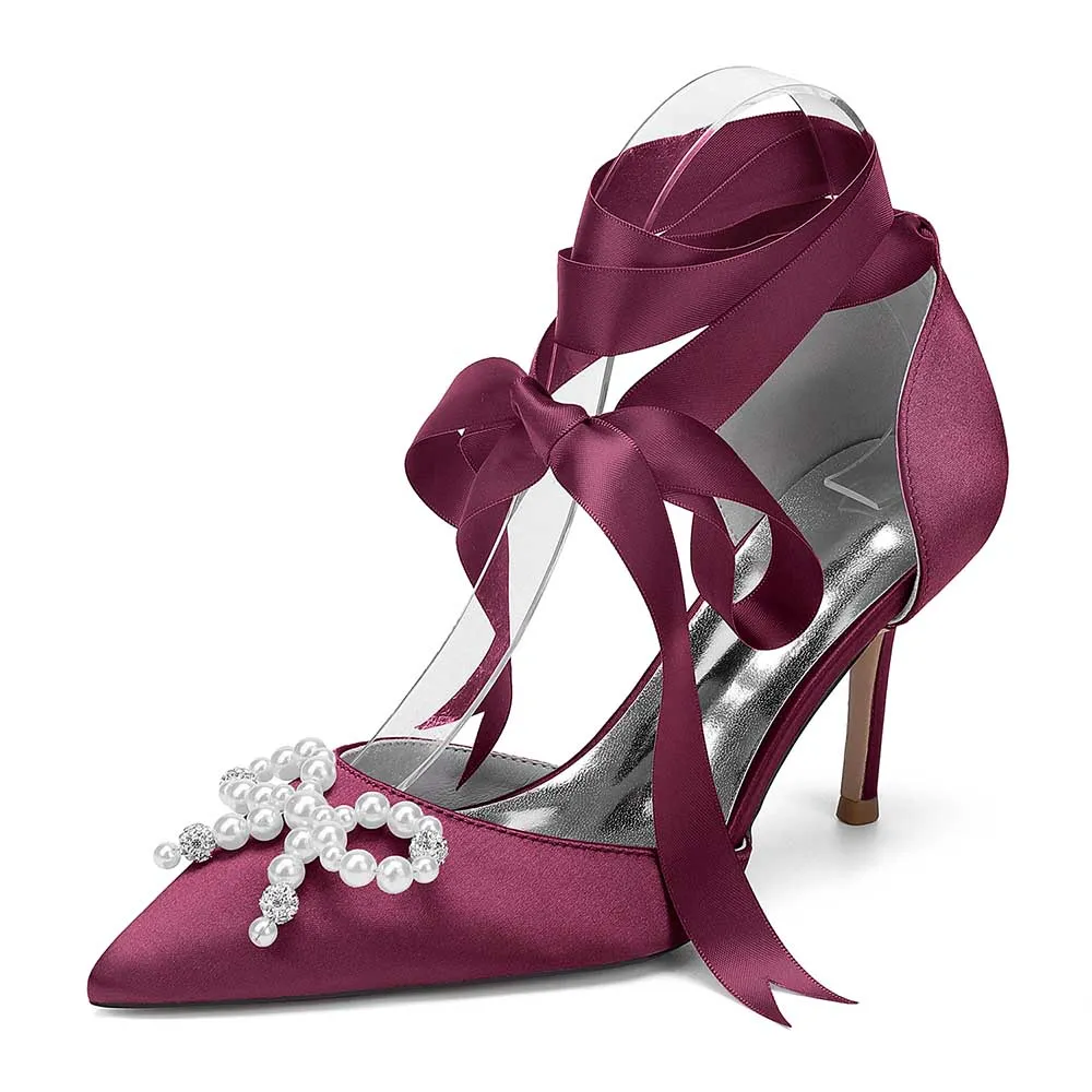 Lace-Up Satin Wedding Shoes Hand-Made Pearl Bow Bridal Pump Prom Heels