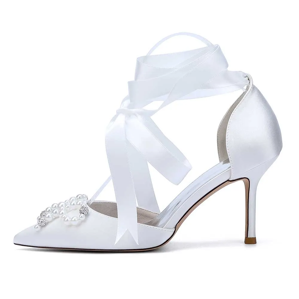 Lace-Up Satin Wedding Shoes Hand-Made Pearl Bow Bridal Pump Prom Heels