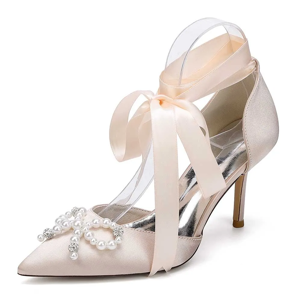Lace-Up Satin Wedding Shoes Hand-Made Pearl Bow Bridal Pump Prom Heels