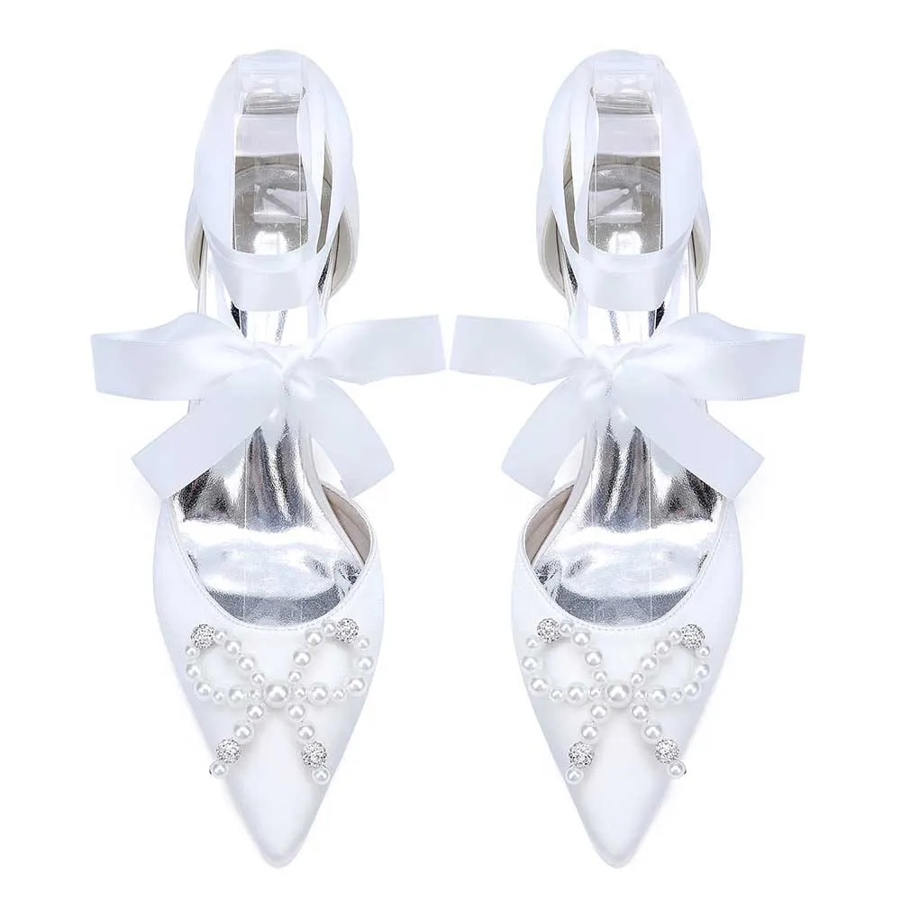 Lace-Up Satin Wedding Shoes Hand-Made Pearl Bow Bridal Pump Prom Heels