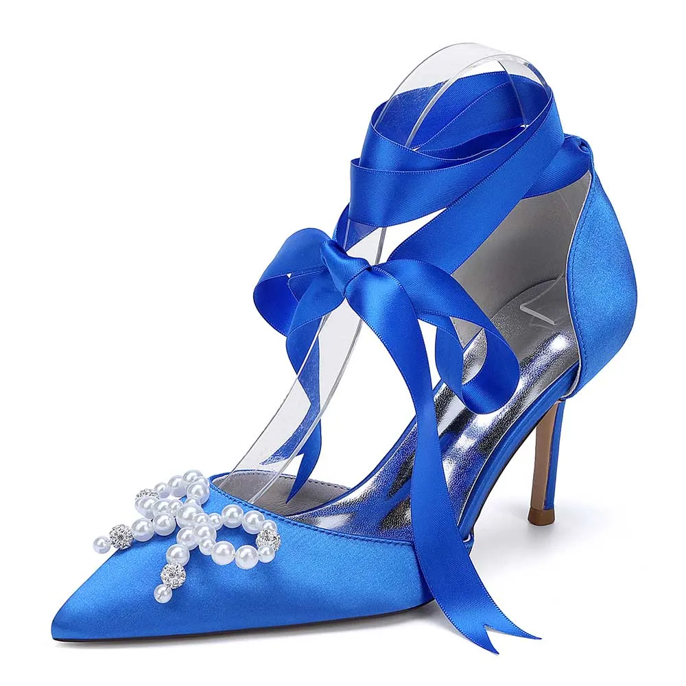 Lace-Up Satin Wedding Shoes Hand-Made Pearl Bow Bridal Pump Prom Heels