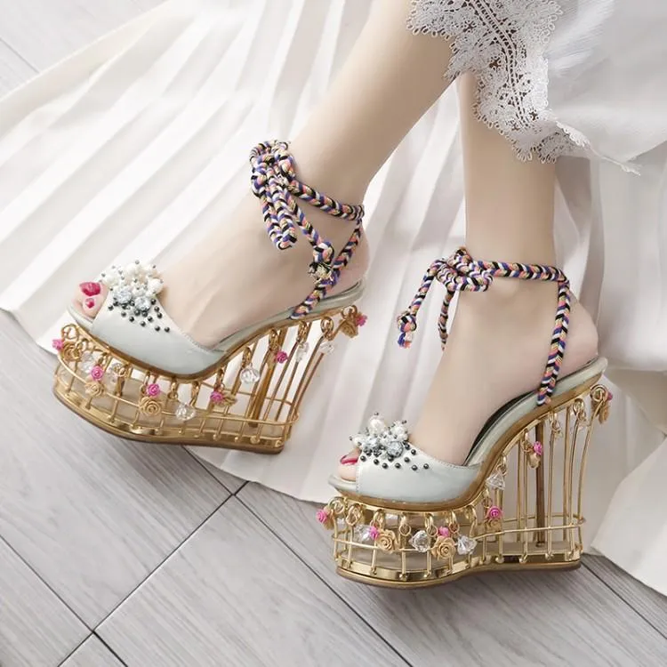 Lady Charming Pearl Bird Cage High Wedges Dress Wedding Shoes Woman Light Crystal Platform Rome Sandals Girls Rose Runway Shoes