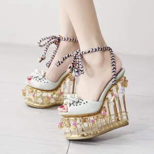 Lady Charming Pearl Bird Cage High Wedges Dress Wedding Shoes Woman Light Crystal Platform Rome Sandals Girls Rose Runway Shoes