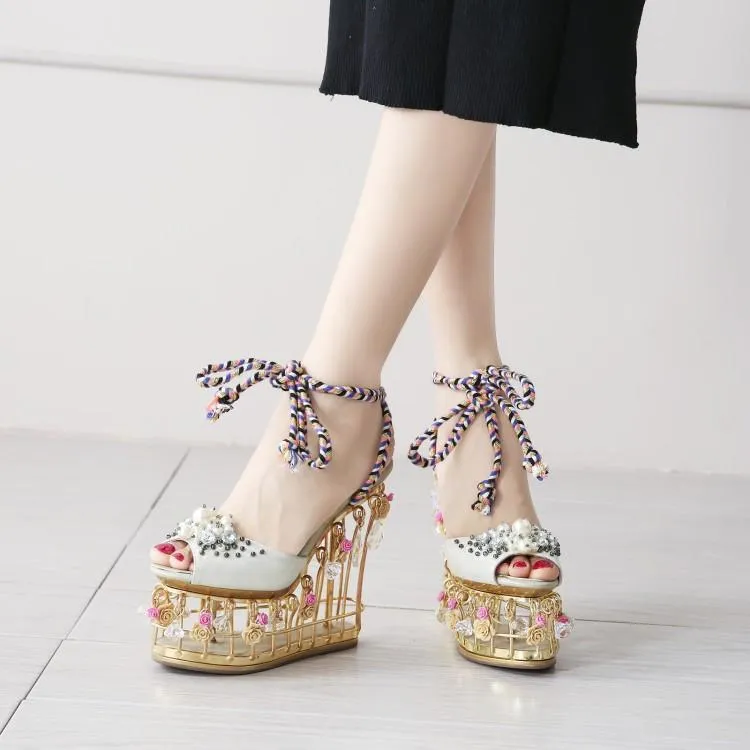 Lady Charming Pearl Bird Cage High Wedges Dress Wedding Shoes Woman Light Crystal Platform Rome Sandals Girls Rose Runway Shoes