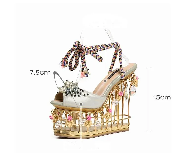 Lady Charming Pearl Bird Cage High Wedges Dress Wedding Shoes Woman Light Crystal Platform Rome Sandals Girls Rose Runway Shoes