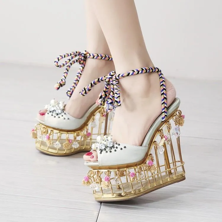 Lady Charming Pearl Bird Cage High Wedges Dress Wedding Shoes Woman Light Crystal Platform Rome Sandals Girls Rose Runway Shoes