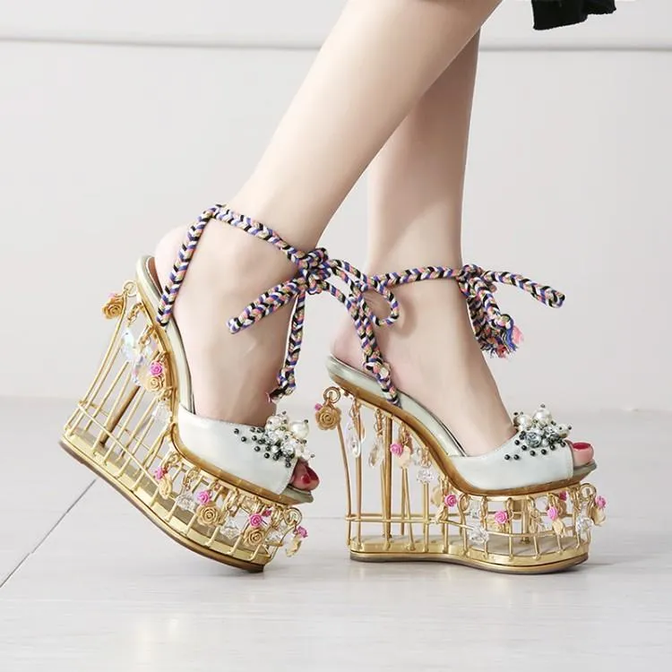 Lady Charming Pearl Bird Cage High Wedges Dress Wedding Shoes Woman Light Crystal Platform Rome Sandals Girls Rose Runway Shoes