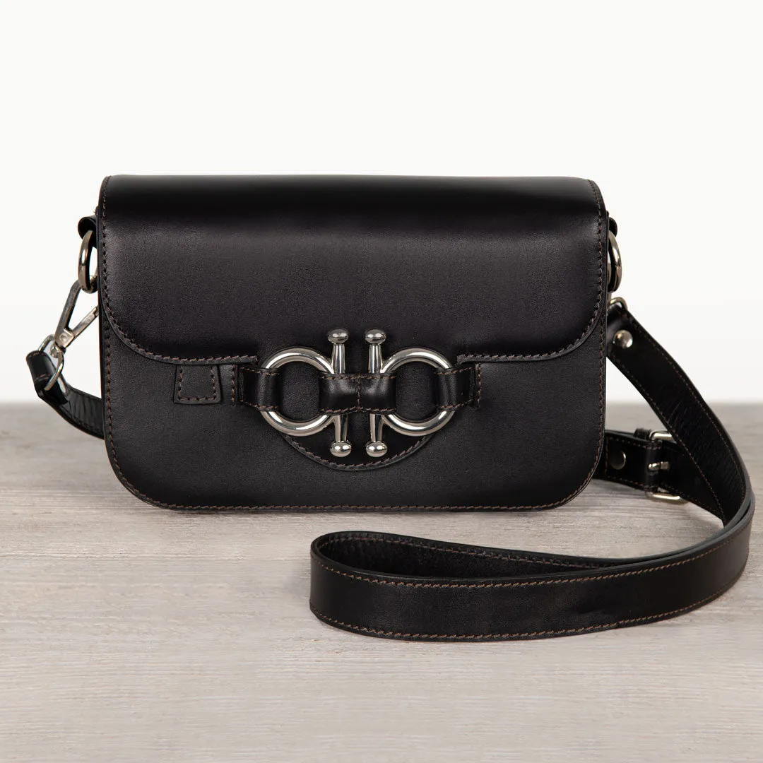 Lana - Horse Bit Crossbody Bag in Black Italian Leather with Nickel Hardware Equestrian Handbag