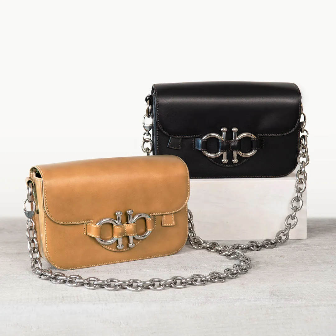 Lana - Horse Bit Crossbody Bag in Black Italian Leather with Nickel Hardware Equestrian Handbag