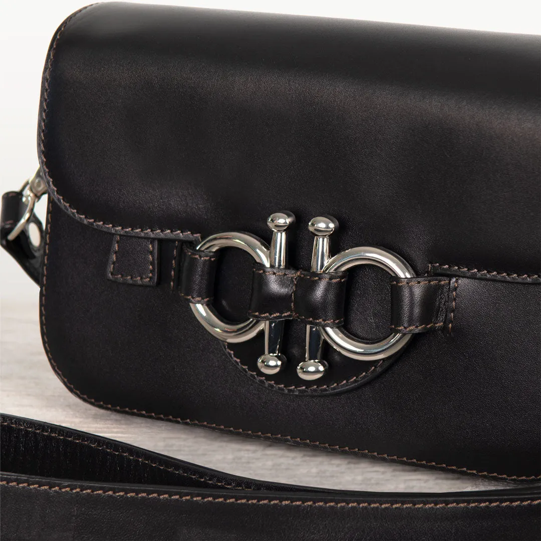 Lana - Horse Bit Crossbody Bag in Black Italian Leather with Nickel Hardware Equestrian Handbag