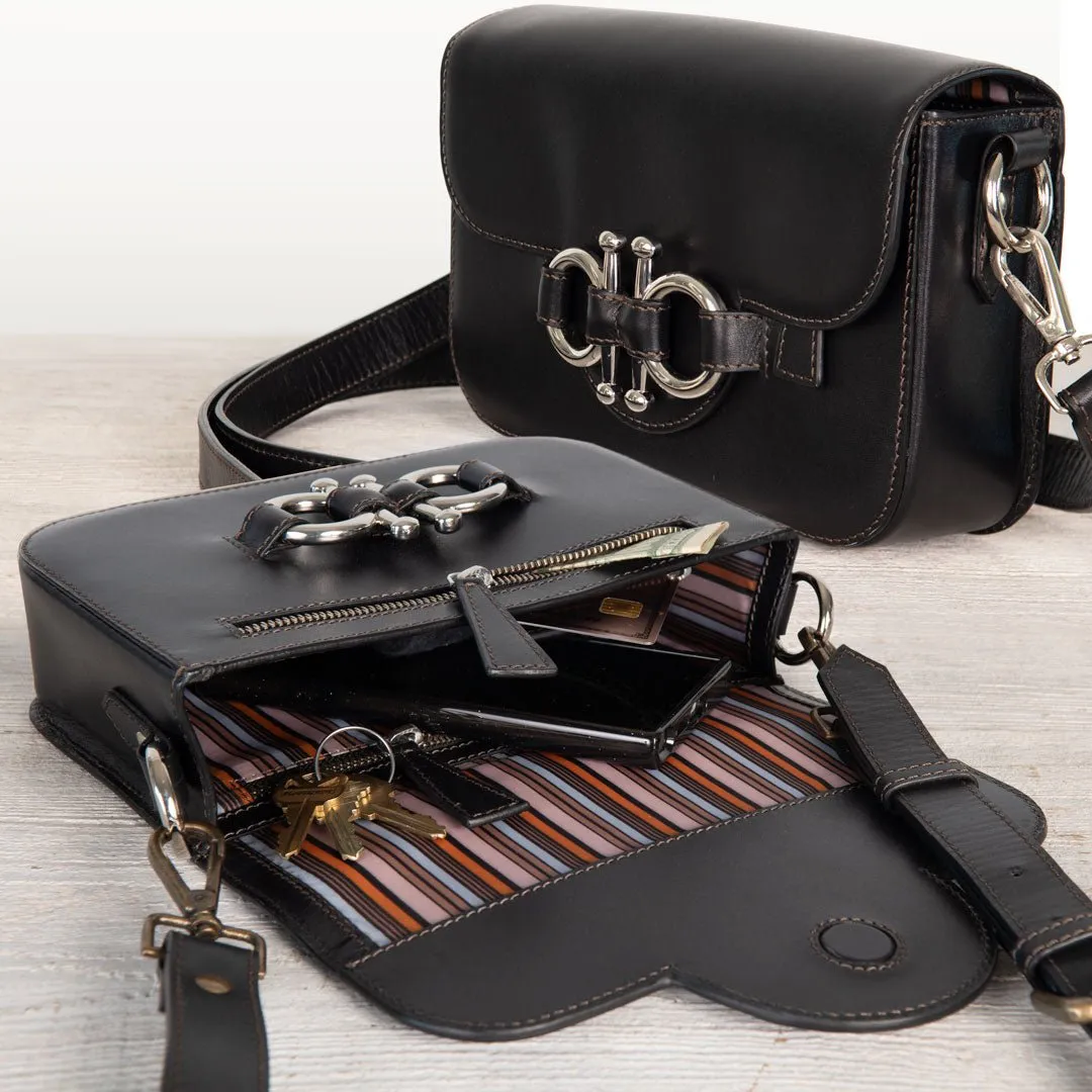 Lana - Horse Bit Crossbody Bag in Black Italian Leather with Nickel Hardware Equestrian Handbag