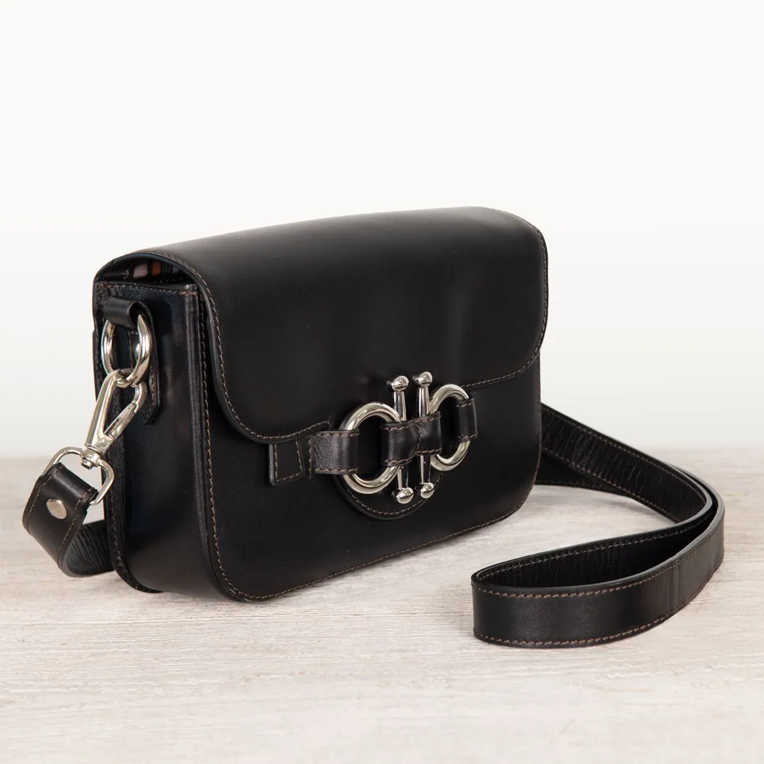 Lana - Horse Bit Crossbody Bag in Black Italian Leather with Nickel Hardware Equestrian Handbag